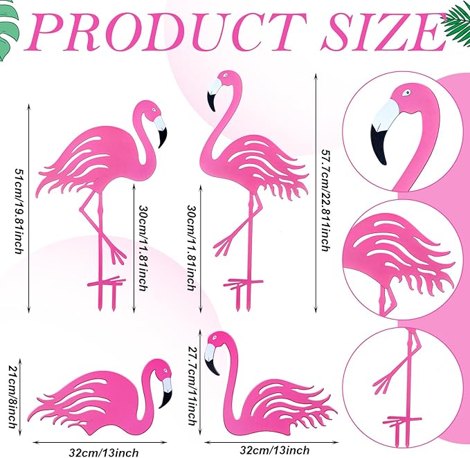 Riakrum 4 Pcs Flamingos Outdoor Yard Decor Pink Metal Flamingos for Yard Garden Large Bird Statue Ornaments for Lawn, Patio Outside Art Decor