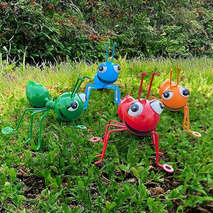 Decorative Iron Art Big Eyed ant Garden Decoration, Colorful Outdoor Lawn, Garden, Courtyard Sculpture Ornaments, 4-Piece Set, can be Wall Hung (Blue, Orange, Red, Green)