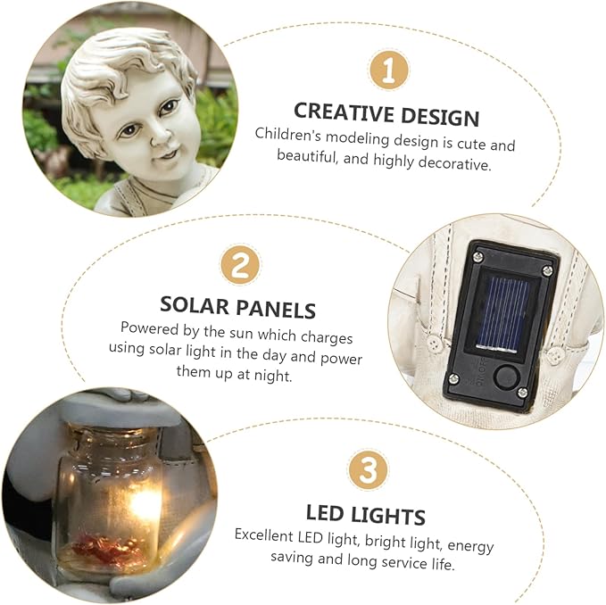 Resin Solar Sculpture with Jar Decor Outdoor Figurine Solar Powered Ornament for Flowerbed Statue for Parties and Lawn Decor