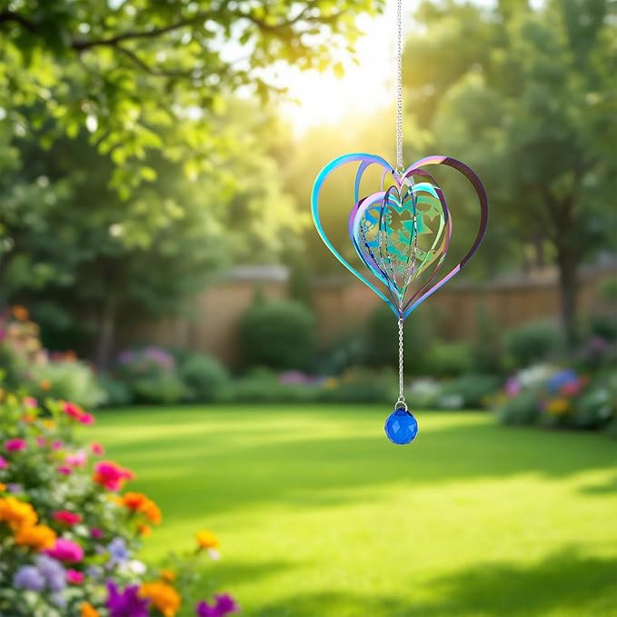 Heart Wind Spinners Outdoor 3D Gradient Twisted Wind Chimes Stainless Steel Etched Metal Embellishments for Christmas Outside Hanging Decor Yarn Home Party Decor 2Pcs