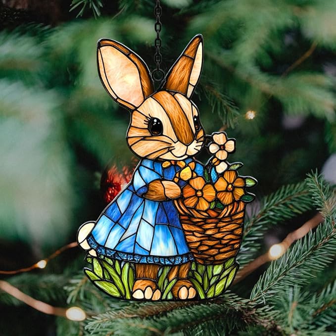 Whimsical Bunny Mosaic Warm Floral Acrylic Suncatcher Stained Glass Effect Window Car Hanging Christmas Ornament Indoor Outdoor Decor Garden Sun Catcher Panel for Easter Lover for Women Mom Grandma