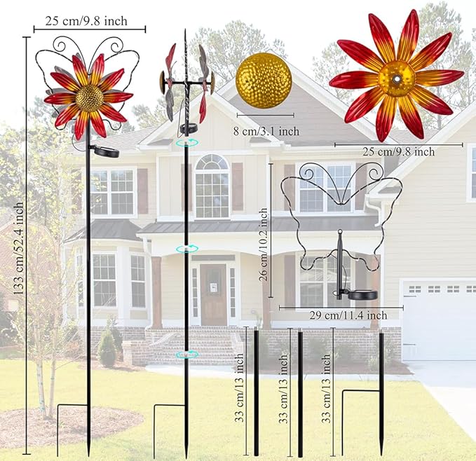 Solar Wind Spinners Outdoor,Butterfly Garden Windmill Metal Flower Wind Sculptures for Yard Art Lawn Decor(Red)