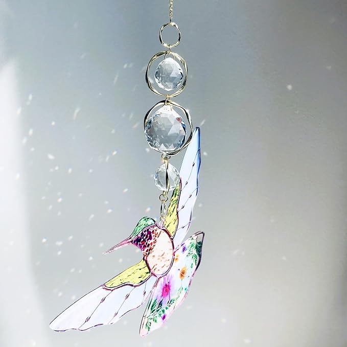 Green Acrylic Hummingbird Flowers Garden Suncatcher Christmas Tree Decorations Window Hanging Ornaments Crystal Prism Rainbow Maker Sun Catcher Gifts for Mom Grandma Sister Bird Lovers