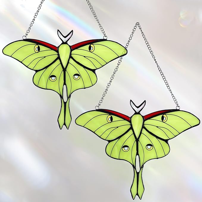 Yalikop 2 Pcs Luna Moth Stained Glass Window Hangings, Green Butterfly Sun Catchers for Windows, Mothers Day Decor Gifts for Mom, Handmade Glass Suncatcher Home Garden Decor, Gift for Decorations