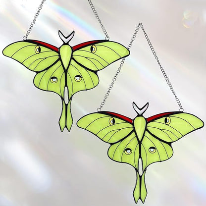 Yalikop 2 Pcs Luna Moth Stained Glass Window Hangings, Green Butterfly Sun Catchers for Windows, Mothers Day Decor Gifts for Mom, Handmade Glass Suncatcher Home Garden Decor, Gift for Decorations