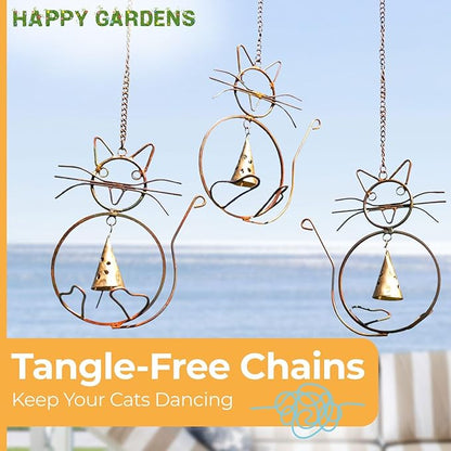 Happy Gardens Cat Wind Chimes with Three Bells | Outdoor Gifts for Cat Lovers | Home Decor for Garden and Patio