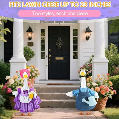 Abbylike 2 Set Spring Porch Goose Outfits Gardener Goose Clothes Purple and Blue for 23" Cement Plastic Geese with Flower Pot and Watering Can Summer Duck Costume for Patio Lawn Outdoor Patio Decor