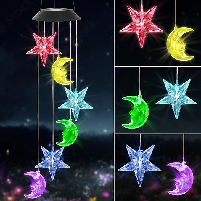 Solar Wind Chimes Outdoor Color Changing Hanging Waterproof Stars Lights Sun and Moon Decor Gifts for Mom Grandma Sister Powered Mobile for Outdoor Garden Patio Yard Window Indoor