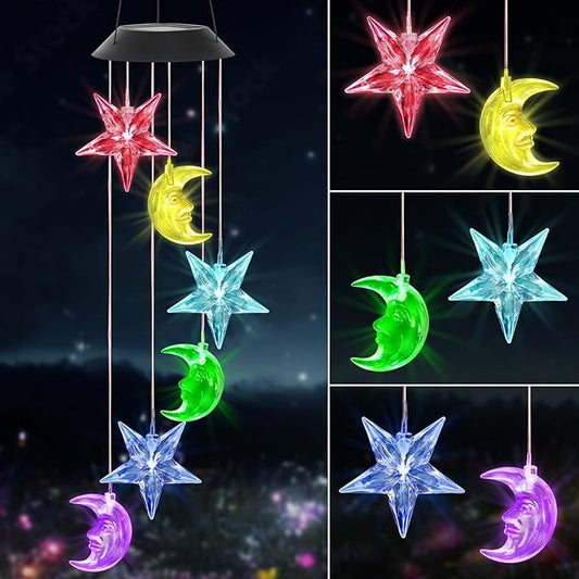 Solar Wind Chimes Outdoor Color Changing Hanging Waterproof Stars Lights Sun and Moon Decor Gifts for Mom Grandma Sister Powered Mobile for Outdoor Garden Patio Yard Window Indoor