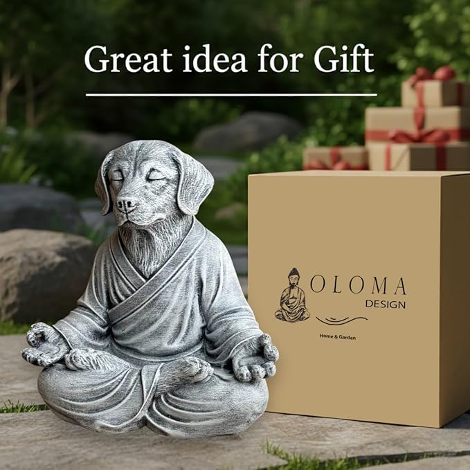 OLOMA Outdoor Indoor Zen Dog Sculpture Solid Concrete Stone Statue Heavy Protective Resin Coating Garden Decorative Accent for Meditation and Yoga Spaces Decorative Garden Accent Feature