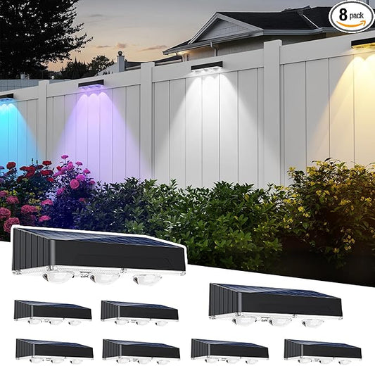 Solar Fence Lights 8 Pack,100 Lumens Outdoor Fence Solar Lights with 12 Modes RGB Color Glow LED Outdoor Waterproof for Wall, Yard, Patio, Pool, Porch, Holiday Decor