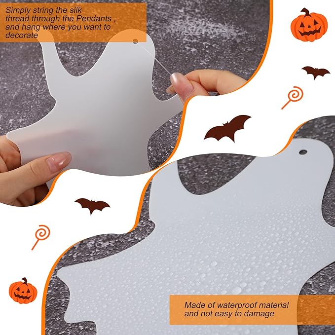 Blulu 12 Pcs Hanging Bats with Lights Halloween Decoration Outside Pumpkin Skeleton Spider Outdoor Lawn Decorations 3 Size Realistic Ghost for The Tree Porch Yard Lawn Indoor(Ghost)