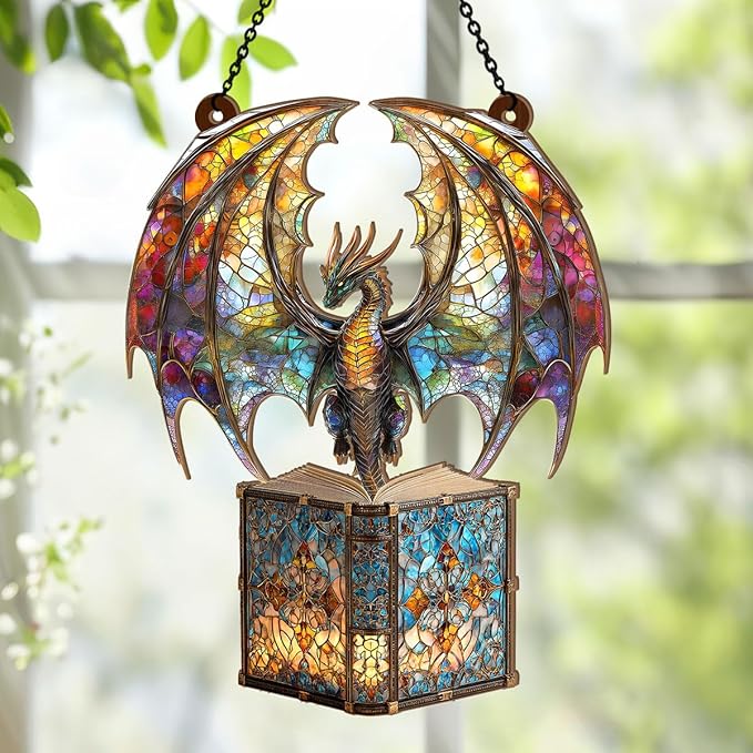 Jesuspirit - Window Hanging Suncatcher – Crystal Clear Acrylic & Wood Sun Catcher for Home Decor, for Women (I Am A Book Dragon, 6 Inches)