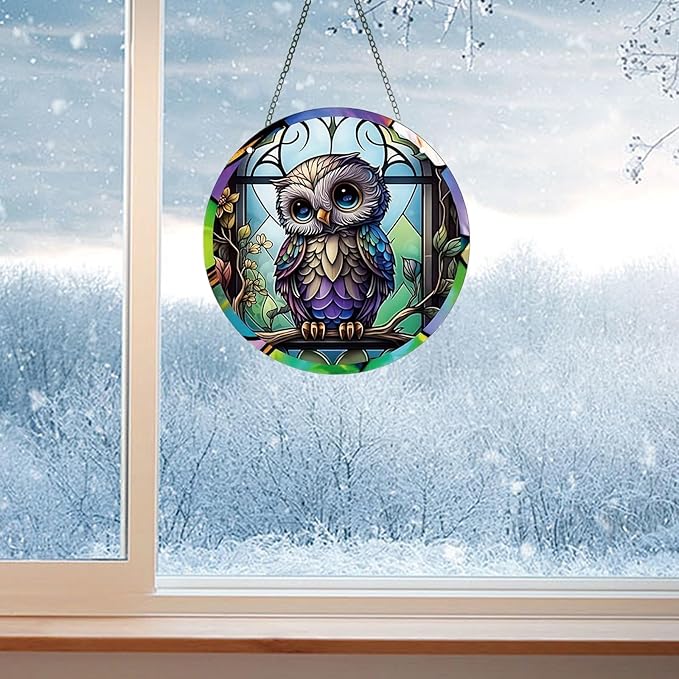 Owl Acrylic Window Hanging,Stained Window Hanging Decor Colorful Ornament,Stained Two-Sided Panel Hangings Decoration,Acrylic Suncatcher for Garden Kitchen Living Room
