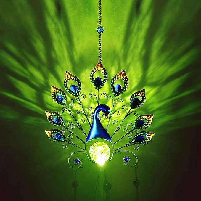 Pearlstar Solar Wind Chimes Outdoor, 53.5" Large Peacock Wind Chimes Light with Crackle Glass Ball, Waterproof Colorful Metal Peacock Wind Chimes for Garden Patio Yard Home Decor Memorial Gift…