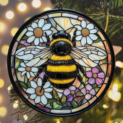 Bee Faux Tiffany Acrylic Suncatcher Stained Glass Effect Window Car Hanging Christmas Ornament Indoor Outdoor Decor Garden Sun Catcher Panel for Bee Lover for Women Mom Grandma