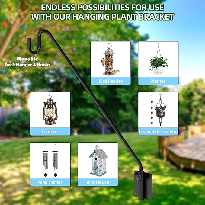 Deck Hook Wall Mounted - Heavy Duty Metal Shepherds Hook Bracket for Outdoor Plant Hanger, Bird Feeder Hanger, Plant Hooks, Flower Baskets, Lanterns - 360° Rotating Pole, Extended Arm