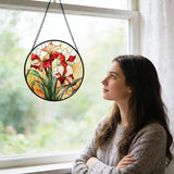 7.87" Stained Glass Window Hanging,Red Gladiolus Flower Sun Catcher for Door Terrace Garden Home Decor,Plants Suncatcher House Warming Gifts New Home