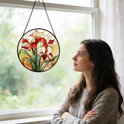 7.87" Stained Glass Window Hanging,Red Gladiolus Flower Sun Catcher for Door Terrace Garden Home Decor,Plants Suncatcher House Warming Gifts New Home