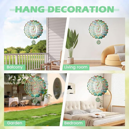 3D Hummingbird Wind Spinner Outdoor Garden Decor, 12 Inch, Stainless Steel Metal Hanging Sculpture for Patio Yard