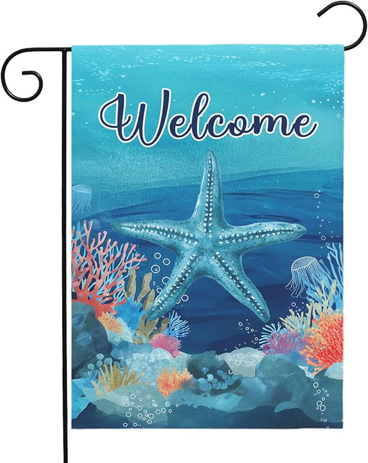 Welcome Coastal Garden Flag with Starfish Ocean Theme Summer Beach Yard Flags Nautical Sea Life Outdoor House Banner for Yard Lawn Patio Porch Pool Rusitc Seasonal Home Decor 12x18 Inch