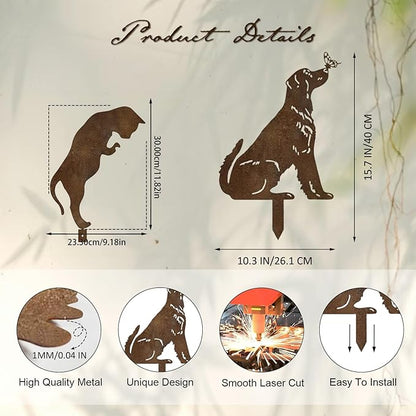 Rusty Metal Dog Cat Garden Stakes, 2 Pcs Decorative Garden Stakes Animal Silhouette Statues for Yard Art Outside, Lawn,Patio, Outdoor Decor,Cat Dog Decor for Animals Lovers