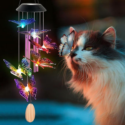 Solar Butterfly Wind Chimes for Outside, 6 Gold Jingle Bells & S Hook, Color Changing Windchimes Outdoor, Patio Yard Decor, Waterproof Gardening Gifts for Mom Women Birthday Housewarming Chimes Gift