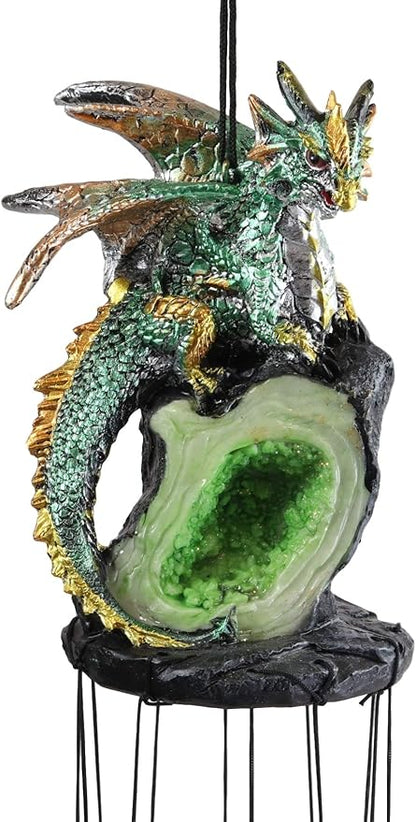Ebros Gift Medieval Green Dragon Guarding Emerald Crystal Geode Rock Figurine Crown Top Resonant Wind Chime with Miniature Geode Rocks Ornaments for Garden Patio Home Fantasy Dungeons and Dragons
