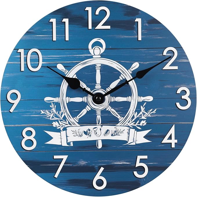 Nautical Outdoor Clock Waterproof -14" Silent Navy Blue Coastal Decor Indoor Outdoor Wall Clocks Battery Operated for Patio, Pool, Porch, Backyard, Bathroom - Boat Ship Steering Wheel Theme