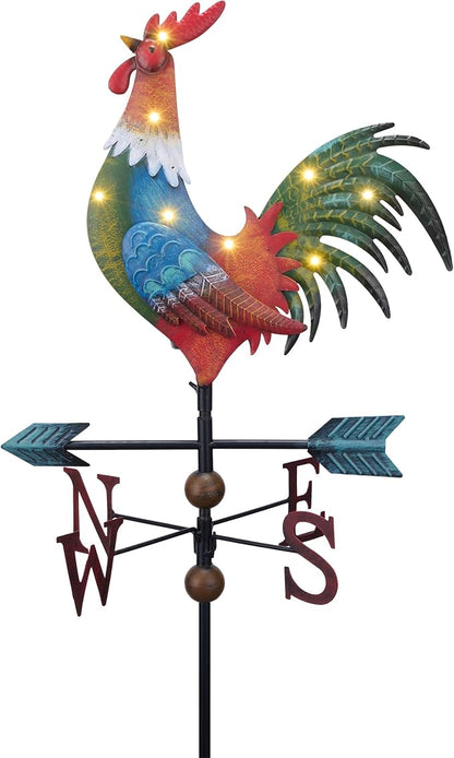 TERESA'S COLLECTIONS Garden Decor with Solar Outdoor Lights, Red Rooster Yard Art Sign for Outside, 39.4'' Metal Weathervane Decorative Garden Stake for Outdoor Decor Lawn, Gifts for Mom