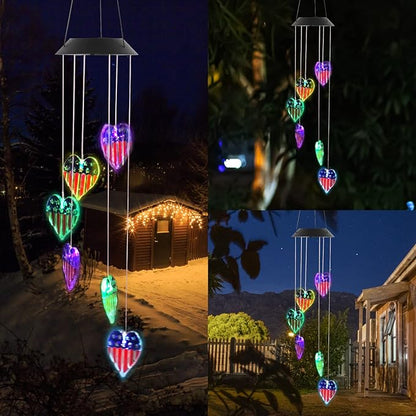 American Flag Solar Wind Chimes, Heart-Shaped Love Patriotic Wind Chime Color Changing Solar Lights for Garden Patio Home Decor