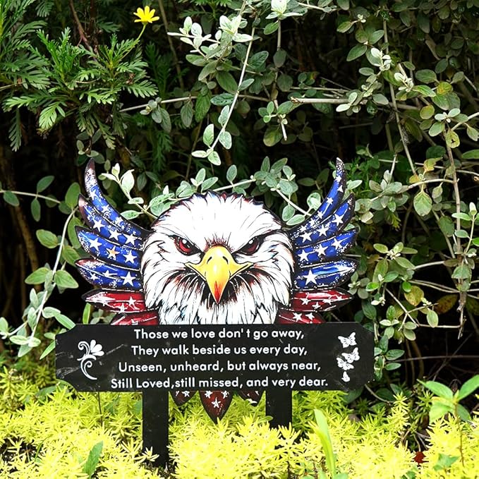 Patriotic Eagle Metal Cemetery Stakes, Waterproof Memorial Garden Markers for Veterans & Family, Outdoor Grave Decorations (Eagle)