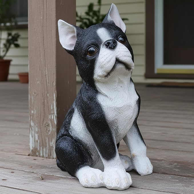 Elenon Dog Garden Statue Decorative for Yard, Black & White Sitting Bulldog Figurines Home Lawn Decor, Patio Kitten Tuxedo Statues Pets Memorial Ornament for Dog Lovers