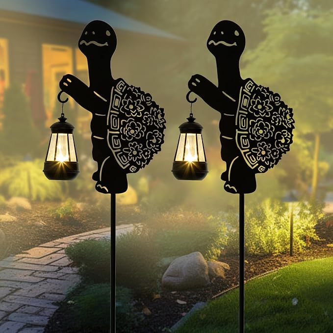 Solar Tortoise Garden Stakes Outdoor Unique Gift Ideas Decor Metal Tortoise Holding Solar Lantern Decorative Outdoor Stakes for Patio, Lawn, Yard and Pathway