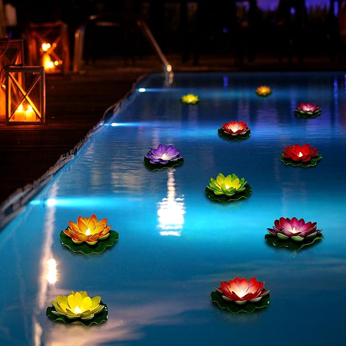 Waterproof Floating Lotus Light, 12PCS Floating Lily Light Water Activated 5 Inch Artificial Flowers Battery Operated for Wedding Pool Anniversary Garden Decoration(Mix-Color)