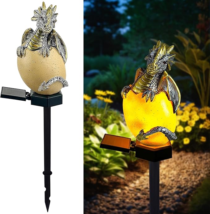 Solar Dragon Garden Decor Dragons Gifts for Women- Dragon Statue Outdoor with Egg Light Lawn Ornaments Solar Egg Lights for Easter Outside Yard Whimsical Art Outdoor Medieval Decor (Yellow)