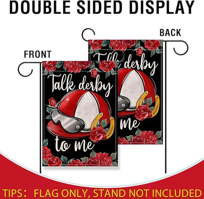 Artofy Kentucky Helmet Small Decorative Garden Flag, Talk Derby To Me Roses Churchill Downs Yard Lawn Outside Decor, Horse Racing Horseshoe Burlap Outdoor Home Decoration Double Sided 12 x 18