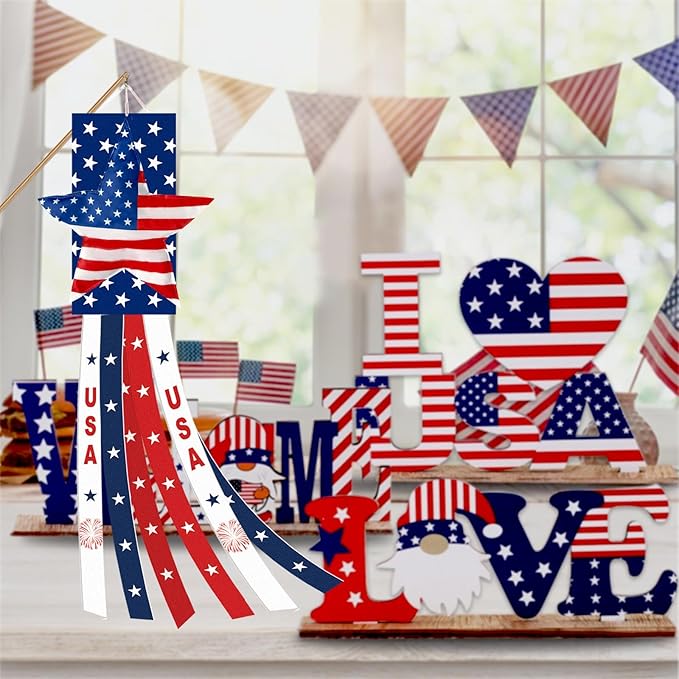 40 Inches USA Star Windsock Decoration, Patriotic Themed Hanging Wind Sock Ornament with Red, White, Blue Streamers, 'USA' Lettering, and Stars for 4th of July, Memorial Day, Veterans Day Decor