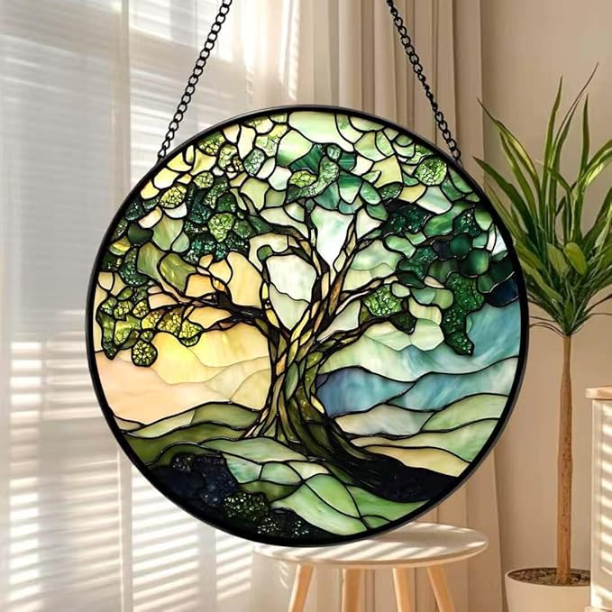 Funoasis Stained Glass Window Hanging 6.3 Inches Suncatcher - The Green Tree On The Mountaintop Ornaments Sun Catcher Home Decor Women Birthday