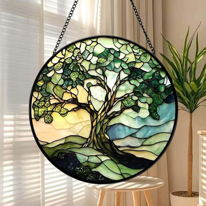 Funoasis Stained Glass Window Hanging 6.3 Inches Suncatcher - The Green Tree On The Mountaintop Ornaments Sun Catcher Home Decor Women Birthday