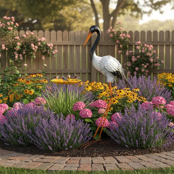 38" Metal Crane Garden Statue with Bird Bath, Large Outdoor Heron Sculpture,Rust-Proof Garden Sculptures & Statues,Yard Art for Patio & Backyard