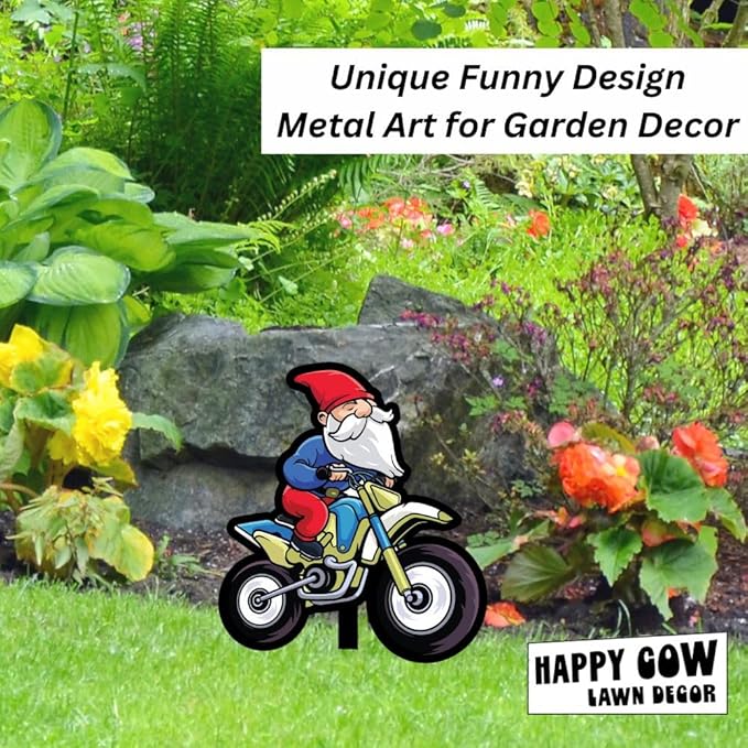 Garden Outdoor Small Metal Art 7"x 6" Weather Resistant Lawn Ornaments Sturdy Stakes Yard Sign Decoration for Patio (Gnome on a Motorcycle)