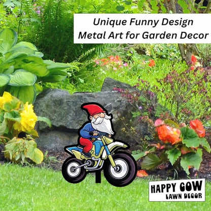 Garden Outdoor Small Metal Art 7"x 6" Weather Resistant Lawn Ornaments Sturdy Stakes Yard Sign Decoration for Patio (Gnome on a Motorcycle)