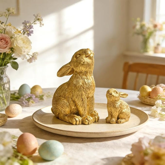 Resin Gold Bunny Decor Rabbit Figurines, Small Easter Bunny Figurine Set of 2, Easter Rabbit Statues for Spring Tabletop Decor