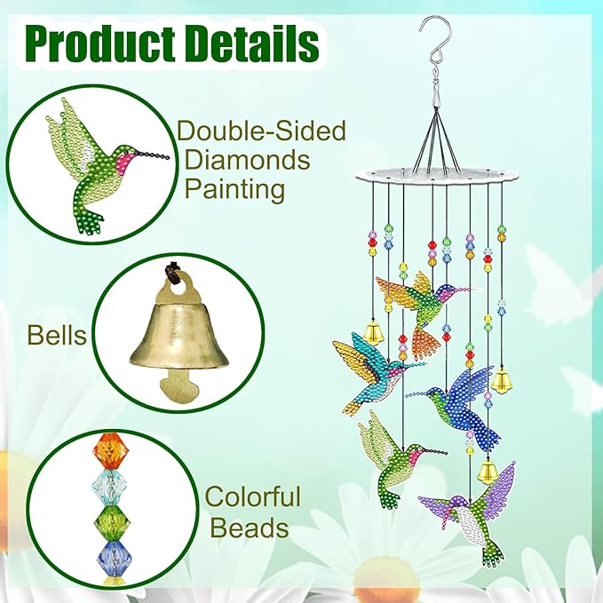 JeCuiK Hummingbird Diamond Painting Wind Chimes Double Side DIY Diamond Art Kits for Adults Diamond Painting Kits Wind Chimes 3D Diamond Art Suncatchers Hanging Ornament Crafts for Garden Decor