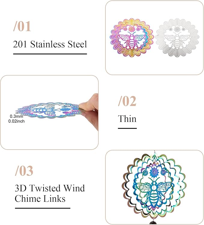 Wind Spinners Outdoor 3D Butterfly Twisted Wind Chimes Stainless Steel Etched Metal Embellishments for Christmas Tree Hanging Decor Gradient Winds Chimes for Yarn Home Party Decor 2Pcs