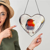 Heart Shaped Robin Bird Stained Glass Window Hanging, 9.8'' Sun Catcher Decor with Chain, Suncatchers Indoor Window Glass Gifts for Mom Wife Birds Lovers (Bird)
