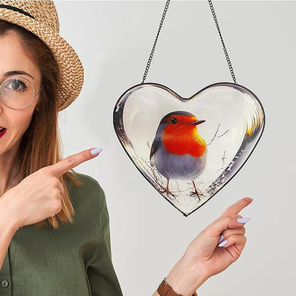 Heart Shaped Robin Bird Stained Glass Window Hanging, 9.8'' Sun Catcher Decor with Chain, Suncatchers Indoor Window Glass Gifts for Mom Wife Birds Lovers (Bird)