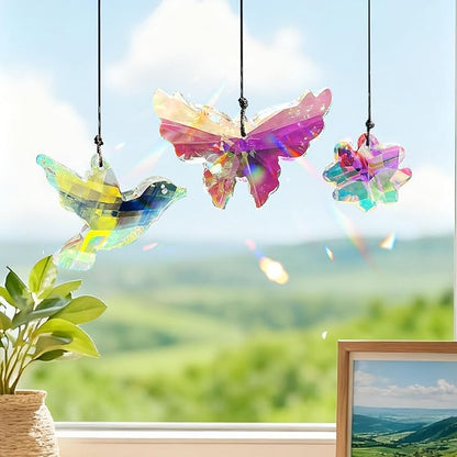SNAIL GARDEN 3PCS Crystal Prism Suncatcher - Butterfly, Bird & Lucky Four-Leaf Clover, 1.69-3.35in Sun Catcher Crystals, Hanging Crystals for Windows, Patio, Yard, Home Garden