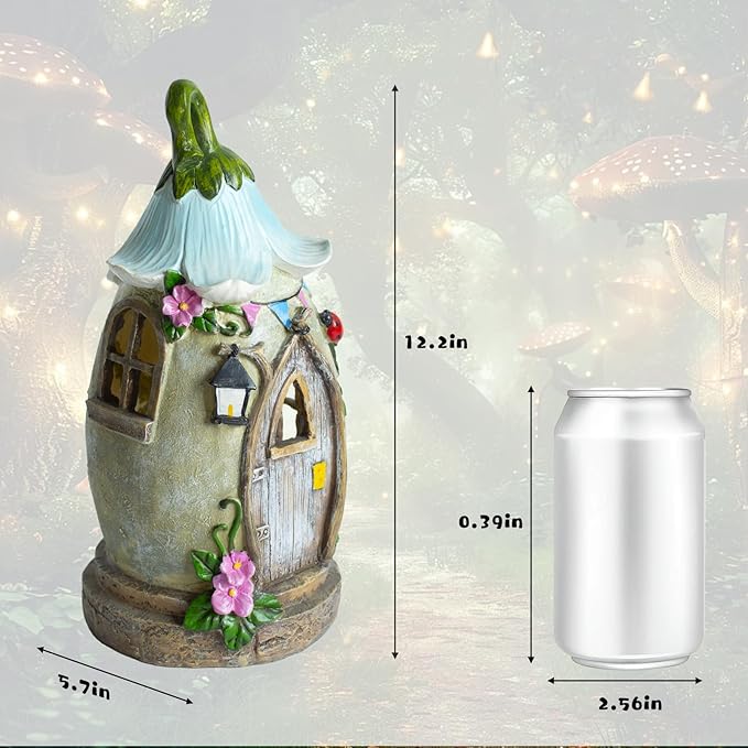 Resin Fairy Cottage Statue with Solar Light Perfect for Garden Decor, Featuring a Charming Morning Glory Vine adorning its Crown. Ideal as a Mother's Day or Birthday Gift, 12.2 inches.